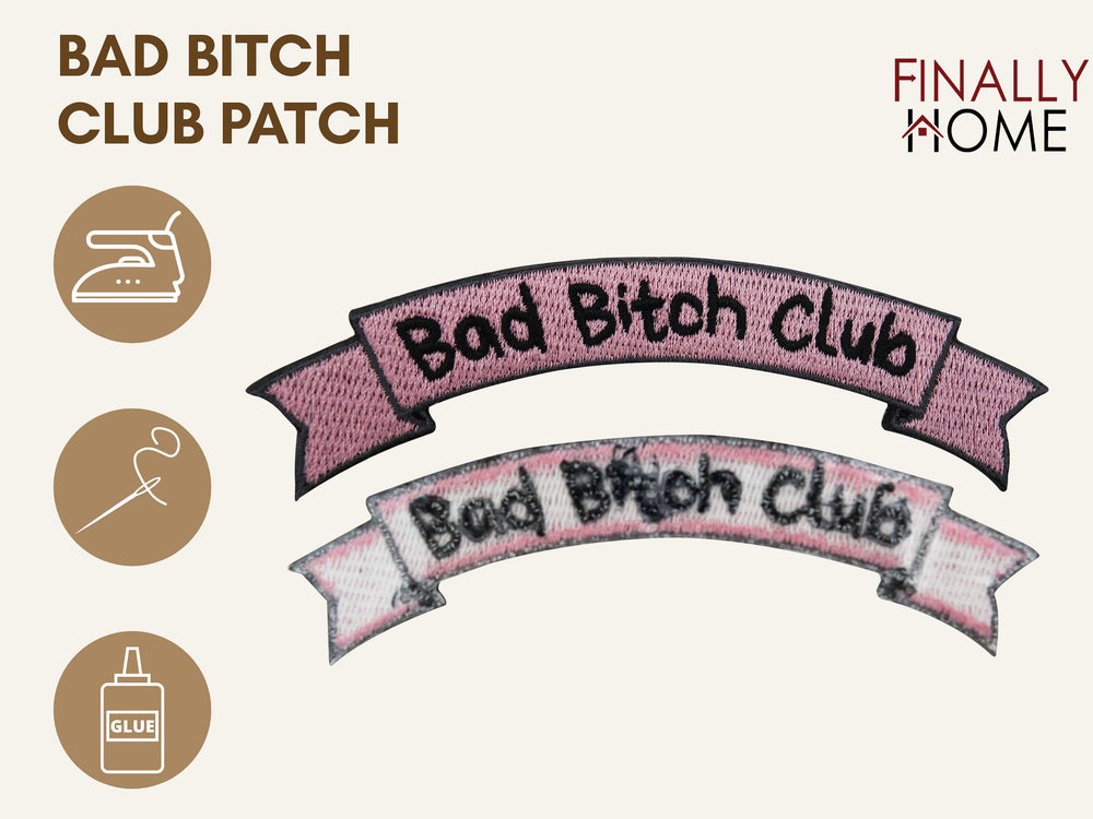 Vorder- und Rückseite des Patches, mit Bügelfolie. „Finally Home“ Logo und Nutzungsoptionen: Aufbügeln, Aufnähen, Aufkleben mit Textilkleber