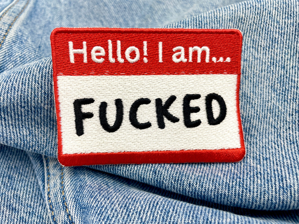 Hello! I am F**** Patch auf blauer Jeans
