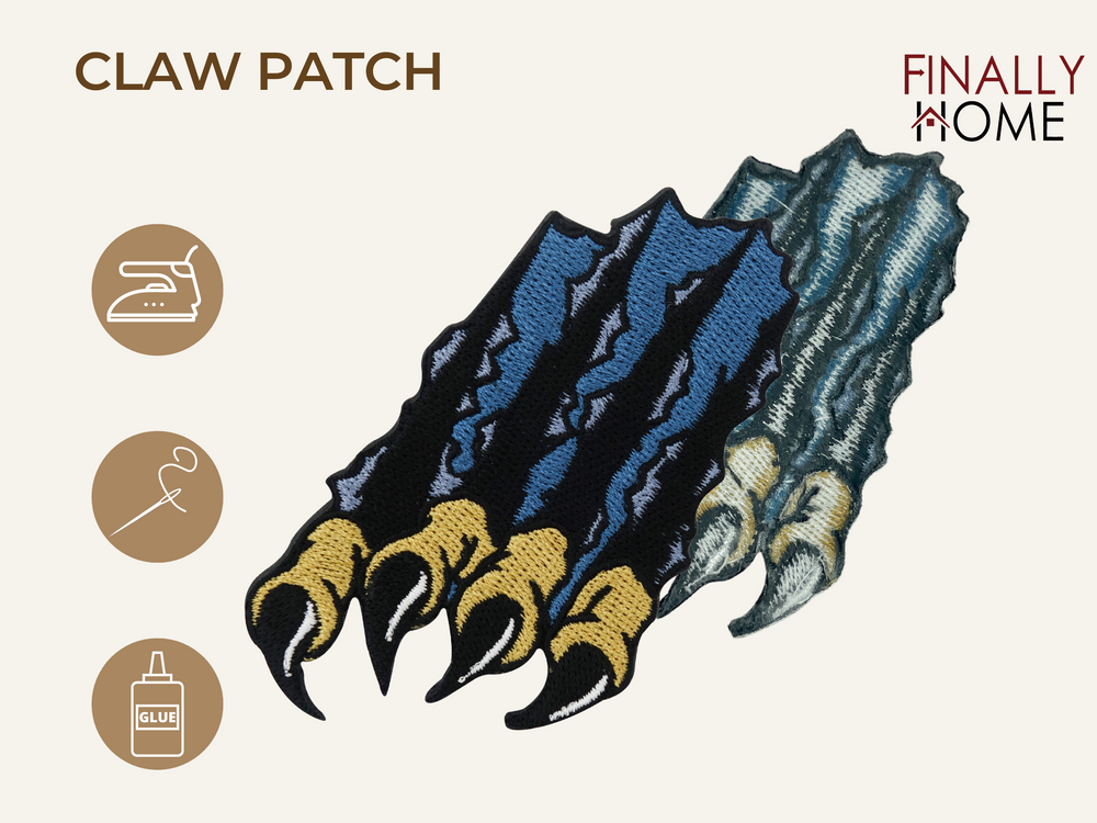 Vorder- und Rückseite des Patches, mit Bügelfolie. „Finally Home“ Logo und Nutzungsoptionen: Aufbügeln, Aufnähen, Aufkleben mit Textilkleber