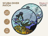 Vorder- und Rückseite des Patches, mit Bügelfolie. „Finally Home“ Logo und Nutzungsoptionen: Aufbügeln, Aufnähen, Aufkleben mit Textilkleber