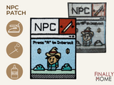 Vorder- und Rückseite des Patches, mit Bügelfolie. „Finally Home“ Logo und Nutzungsoptionen: Aufbügeln, Aufnähen, Aufkleben mit Textilkleber