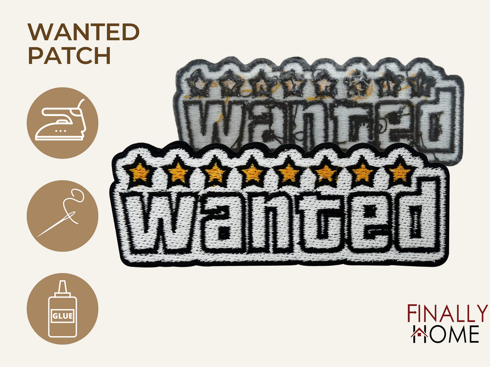 Vorder- und Rückseite des Patches, mit Bügelfolie. „Finally Home“ Logo und Nutzungsoptionen: Aufbügeln, Aufnähen, Aufkleben mit Textilkleber