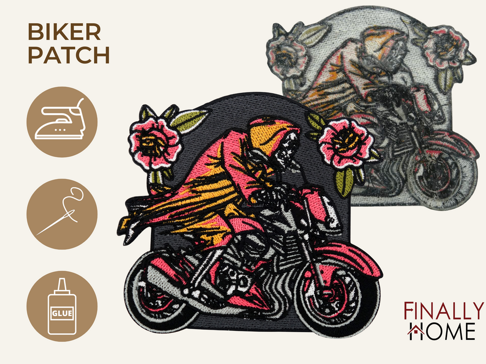 Vorder- und Rückseite des Patches, mit Bügelfolie. „Finally Home“ Logo und Nutzungsoptionen: Aufbügeln, Aufnähen, Aufkleben mit Textilkleber