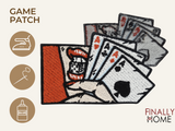Vorder- und Rückseite des Patches, mit Bügelfolie. „Finally Home“ Logo und Nutzungsoptionen: Aufbügeln, Aufnähen, Aufkleben mit Textilkleber