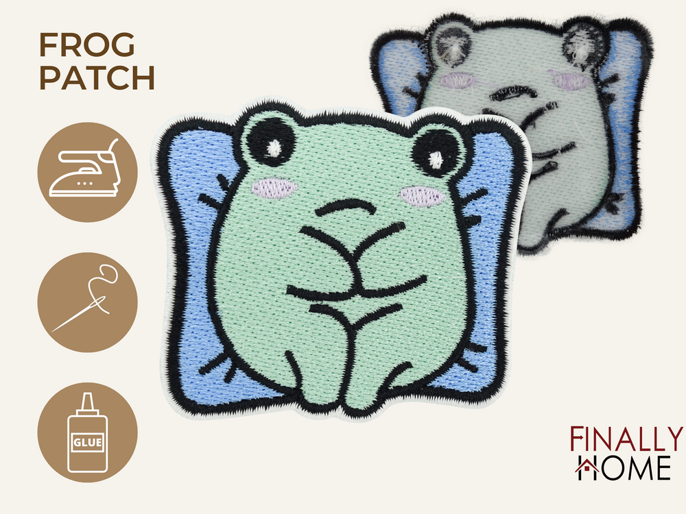 Vorder- und Rückseite des Patches, mit Bügelfolie. „Finally Home“ Logo und Nutzungsoptionen: Aufbügeln, Aufnähen, Aufkleben mit Textilkleber