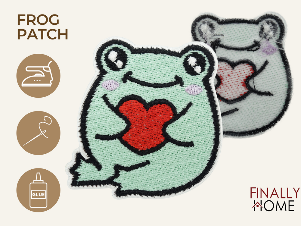 Vorder- und Rückseite des Patches, mit Bügelfolie. „Finally Home“ Logo und Nutzungsoptionen: Aufbügeln, Aufnähen, Aufkleben mit Textilkleber