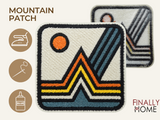 Vorder- und Rückseite des Patches, mit Bügelfolie. „Finally Home“ Logo und Nutzungsoptionen: Aufbügeln, Aufnähen, Aufkleben mit Textilkleber