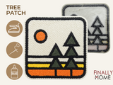Vorder- und Rückseite des Patches, mit Bügelfolie. „Finally Home“ Logo und Nutzungsoptionen: Aufbügeln, Aufnähen, Aufkleben mit Textilkleber
