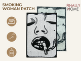 Vorder- und Rückseite des Patches, mit Bügelfolie. „Finally Home“ Logo und Nutzungsoptionen: Aufbügeln, Aufnähen, Aufkleben mit Textilkleber