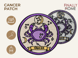 Vorder- und Rückseite des Patches, mit Bügelfolie. „Finally Home“ Logo und Nutzungsoptionen: Aufbügeln, Aufnähen, Aufkleben mit Textilkleber