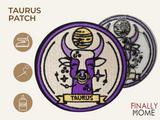 Vorder- und Rückseite des Patches, mit Bügelfolie. „Finally Home“ Logo und Nutzungsoptionen: Aufbügeln, Aufnähen, Aufkleben mit Textilkleber