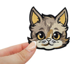 Frauenhand hält den Katzenkopf Patch