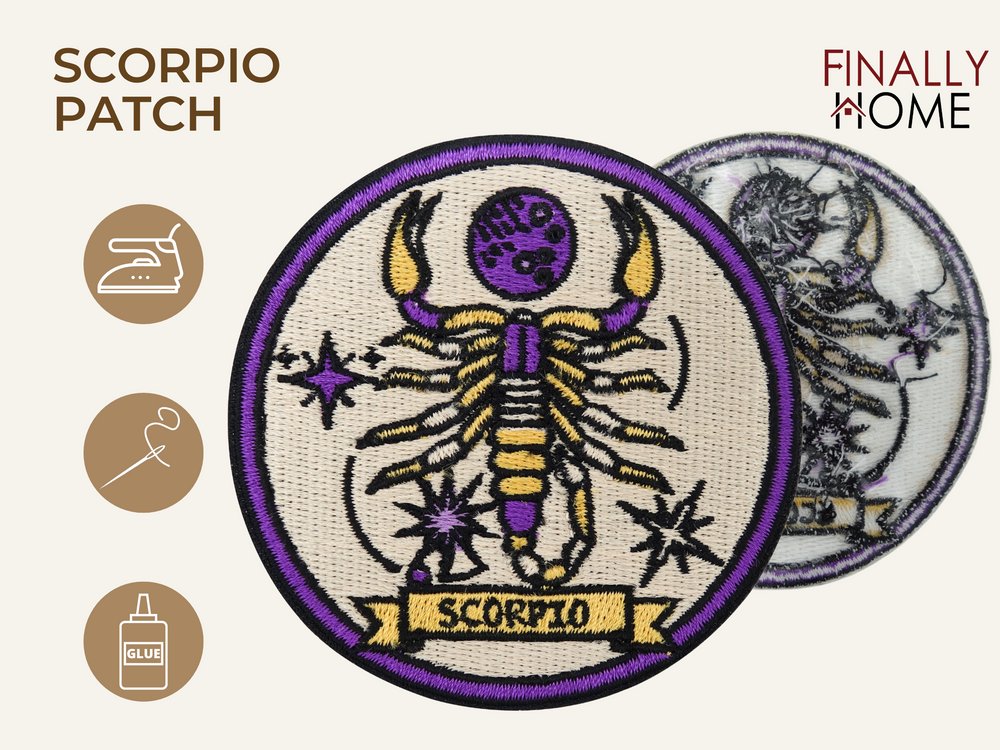Vorder- und Rückseite des Patches, mit Bügelfolie. „Finally Home“ Logo und Nutzungsoptionen: Aufbügeln, Aufnähen, Aufkleben mit Textilkleber