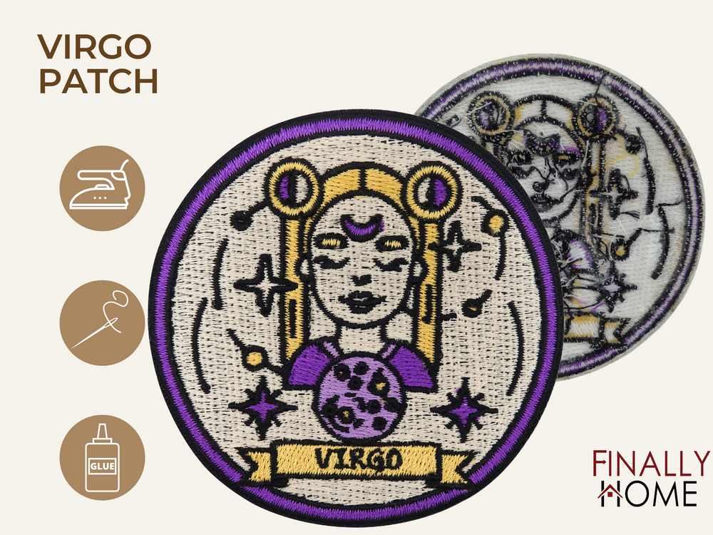 Vorder- und Rückseite des Patches, mit Bügelfolie. „Finally Home“ Logo und Nutzungsoptionen: Aufbügeln, Aufnähen, Aufkleben mit Textilkleber