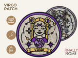 Vorder- und Rückseite des Patches, mit Bügelfolie. „Finally Home“ Logo und Nutzungsoptionen: Aufbügeln, Aufnähen, Aufkleben mit Textilkleber