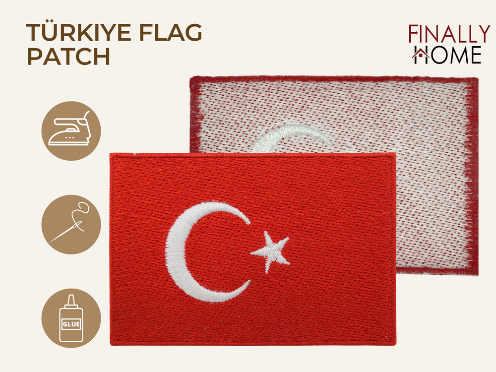 Türkei Flagge Patch - Front und Rückseite mit Bügelfolie. Finally Home Logo & Anwendungsoptionen: Bügeln, Nähen, Kleben