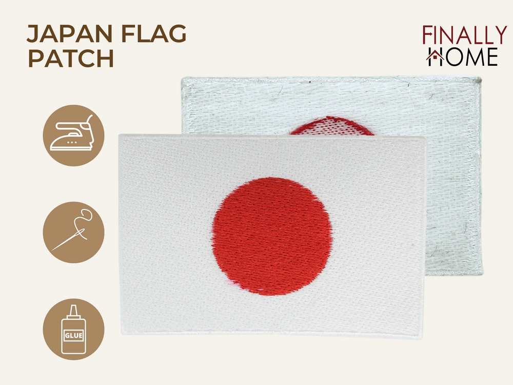 Japanische Fahne Patch - Vorder- und Rückansicht mit Bügelfolie und "Finally Home" Logo