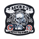 Kutte-Motorsport-Davidson-Weste-Lederkutte-Honda-Rocker-Bike-Retro-Lone-Wolf-Totenschädel-Skelett-Aufbügler-Bügelbild-Bügelpatch