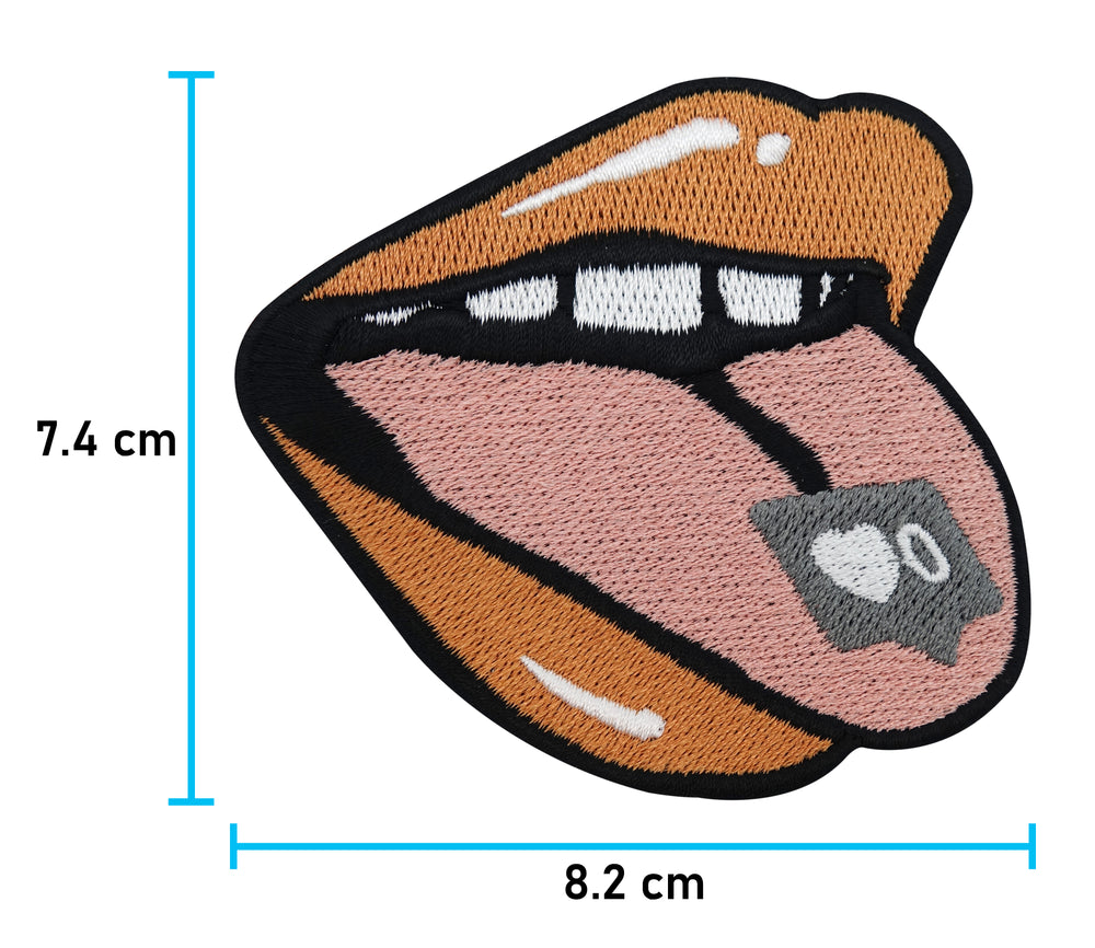Zunge-Mund-Patch-zum-Aufbügeln-Pille-Drogen-Bügelflicken-Aufbülger-Aufnäher-Maße-7,4x8,2
