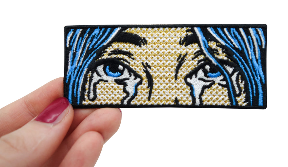 Weinende-Frau-mit-blauen-Haare-Billie-Eilish-Tränen-Patch-länglich-rechteck-Pop-Art-Aufbügler-Hand