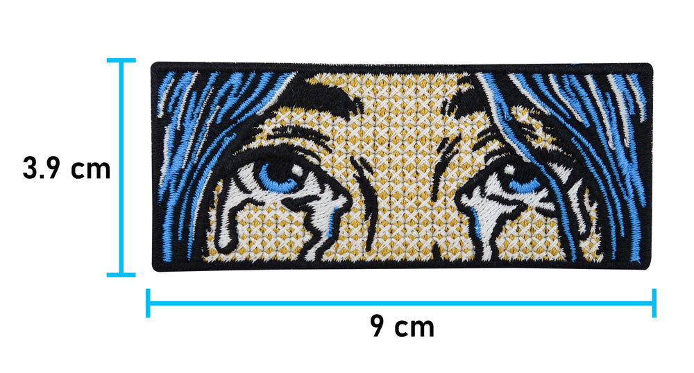 Weinende-Frau-mit-blauen-Haare-Billie-Eilish-Tränen-Patch-länglich-rechteck-Pop-Art-Aufbügler-Maße-3,9x9,0
