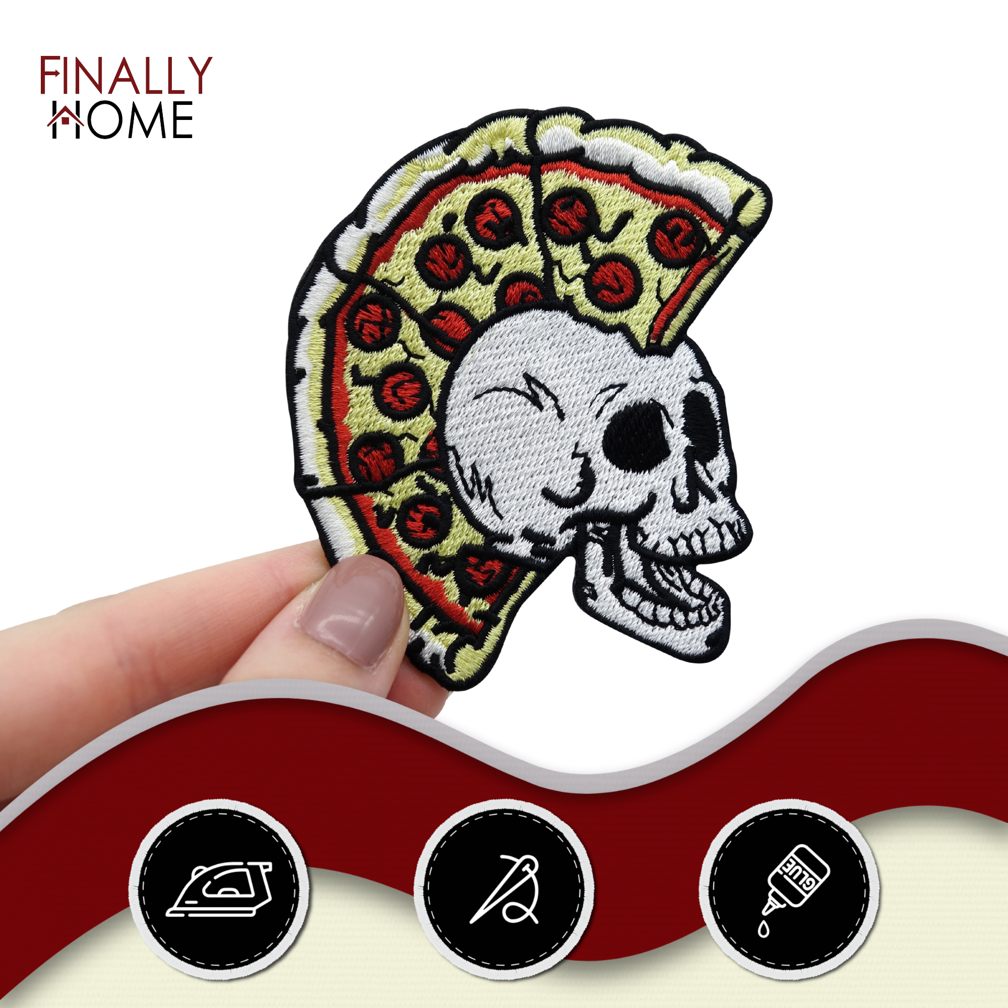 Totenkopf mit Pizza Haaren Bügelbild Patch zum Aufbügeln | Patches, Aufbügelmotive Finally Home