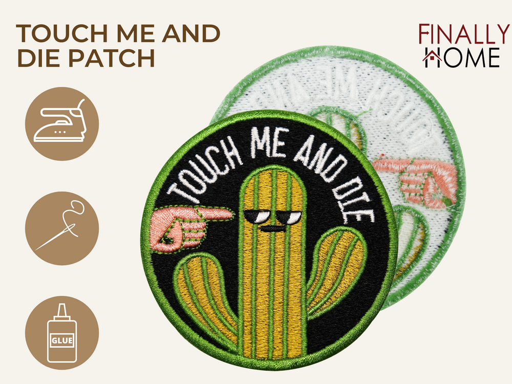 Vorder- und Rückseite des Patches, mit Bügelfolie. „Finally Home“ Logo und Nutzungsoptionen: Aufbügeln, Aufnähen, Aufkleben mit Textilkleber