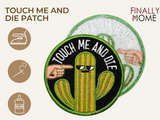 Vorder- und Rückseite des Patches, mit Bügelfolie. „Finally Home“ Logo und Nutzungsoptionen: Aufbügeln, Aufnähen, Aufkleben mit Textilkleber