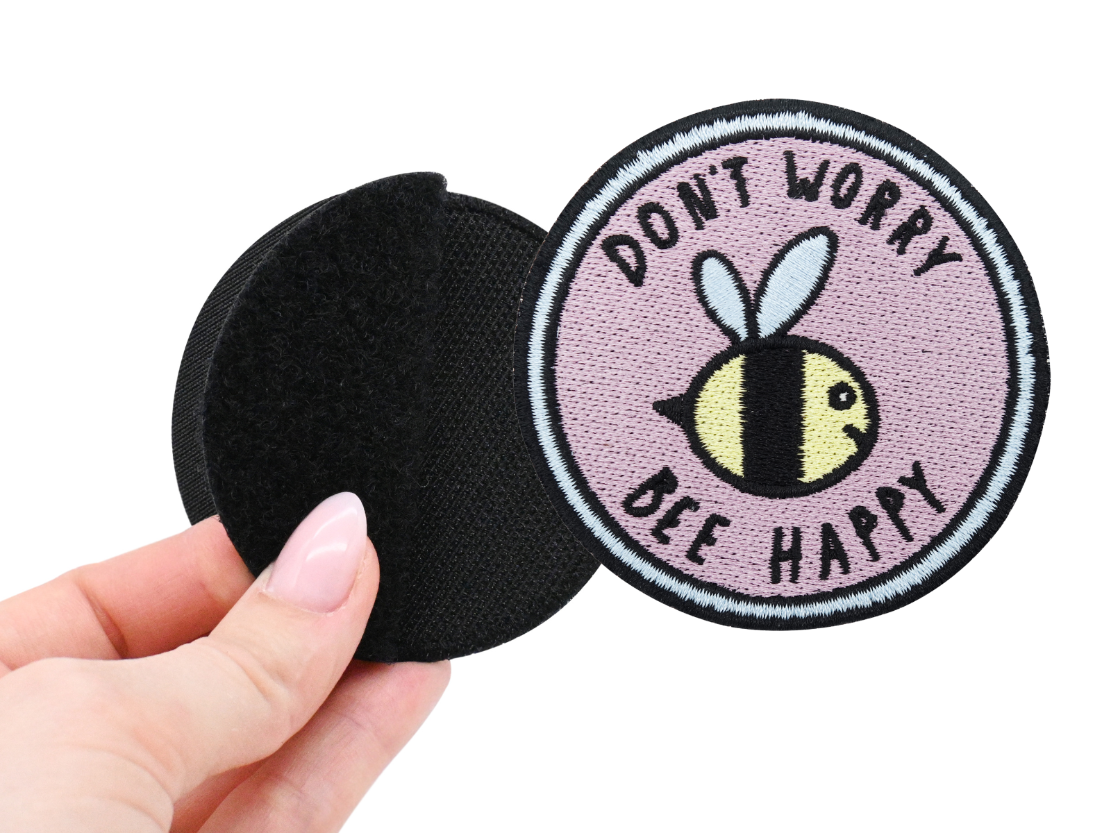 Klett Patch - Dont worry bee Happy | Klett Patches Lustig, Biene Aufnäher, Gym Klettpatches, Rosa Badge, Spruch Klettpatch, Finally Home