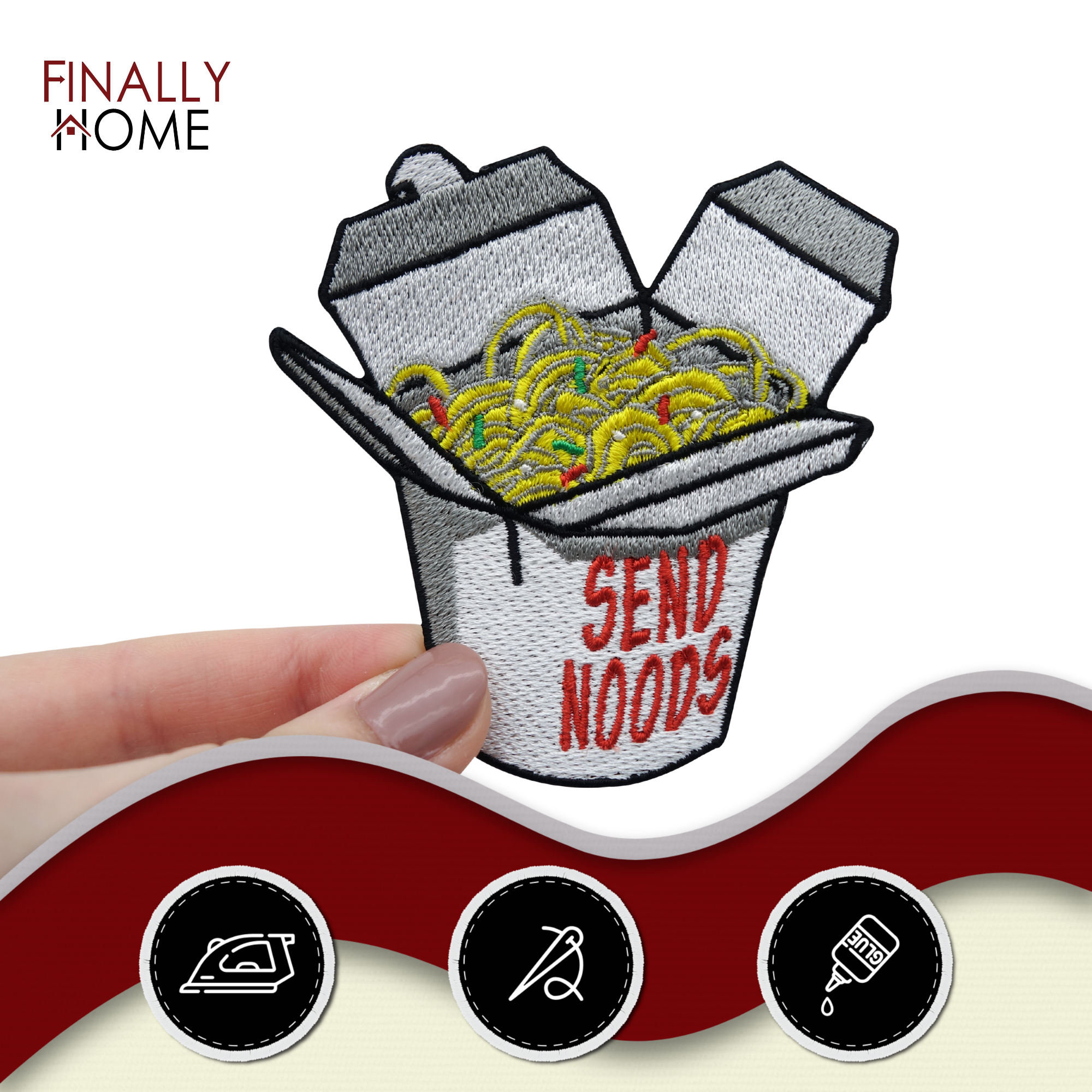 Send Noods Nudelbox | Nudeln Patches, Spruch Bügelflicken, Asiatische Essen Flicken, Lustiger Aufnäher für Erwachsene Finally Home