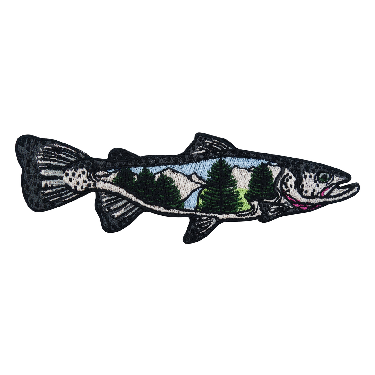 Fisch Landschaft Angler Patch zum Aufbügeln, Fluss Berge Stoff Flicken