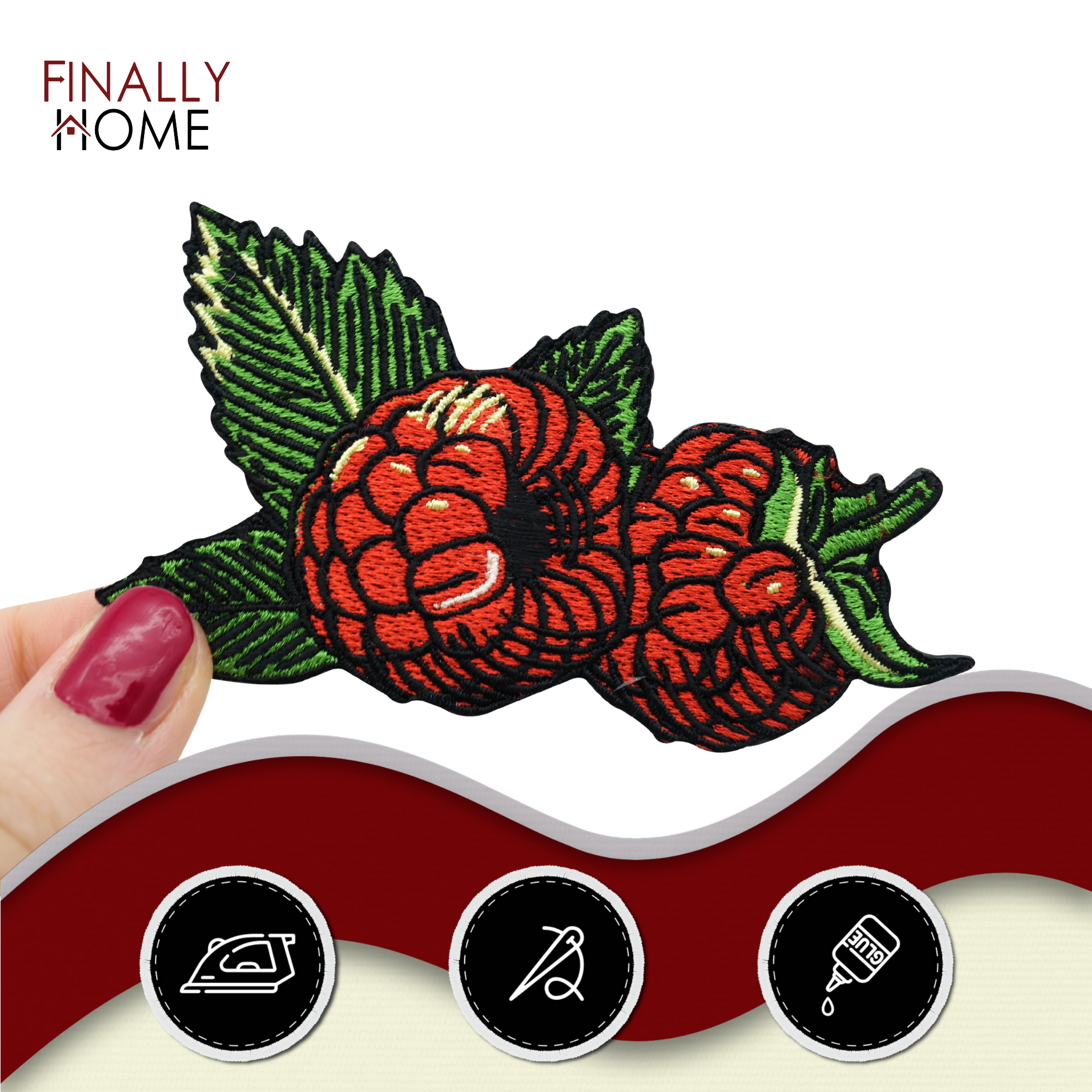 Himbeeren Obst Patch zum Aufbügeln | Früchte Blüten Patches, Essen Food Bügelflicken, Rote Frucht Flicken, Aufnäher Finally Home