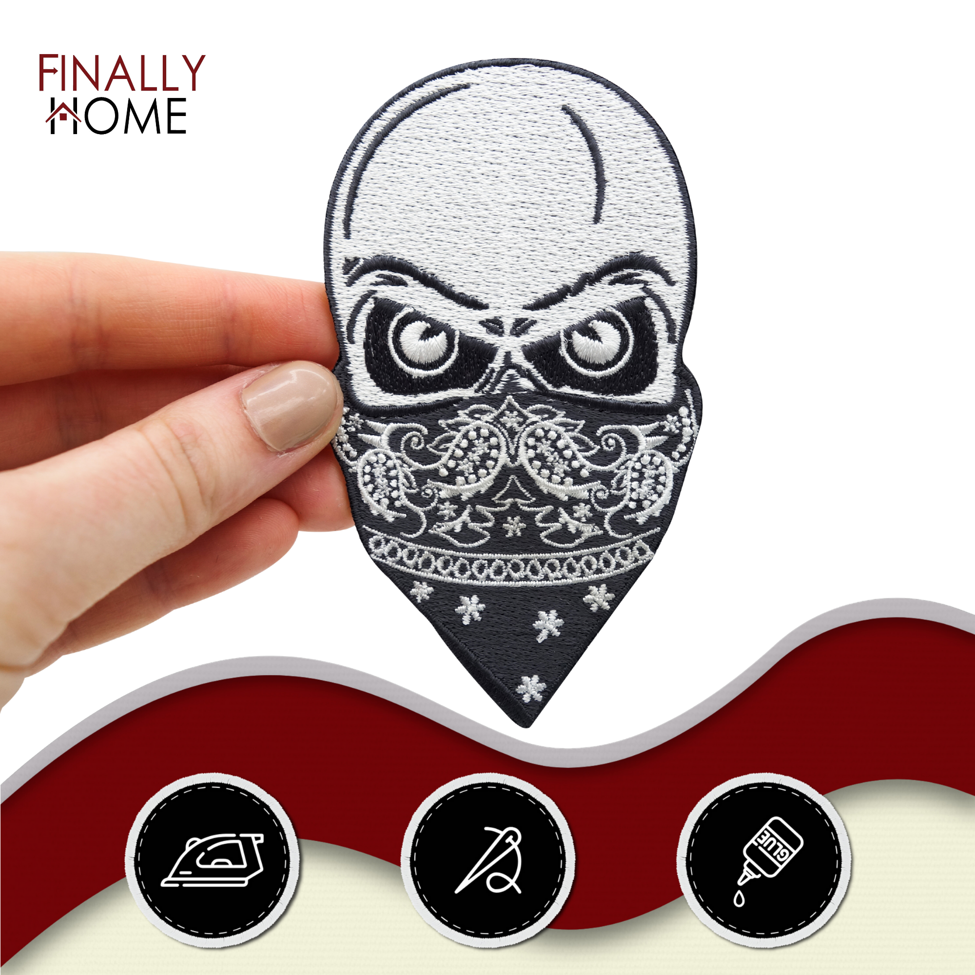 Totenkopf mit Bandana Patch zum Aufbügeln | Aufnäher geeignet für Lederwesten, Totenschädel Patches, Biker Schädel Bügelflicken, Motorrad Kutte Flicken Finally Home