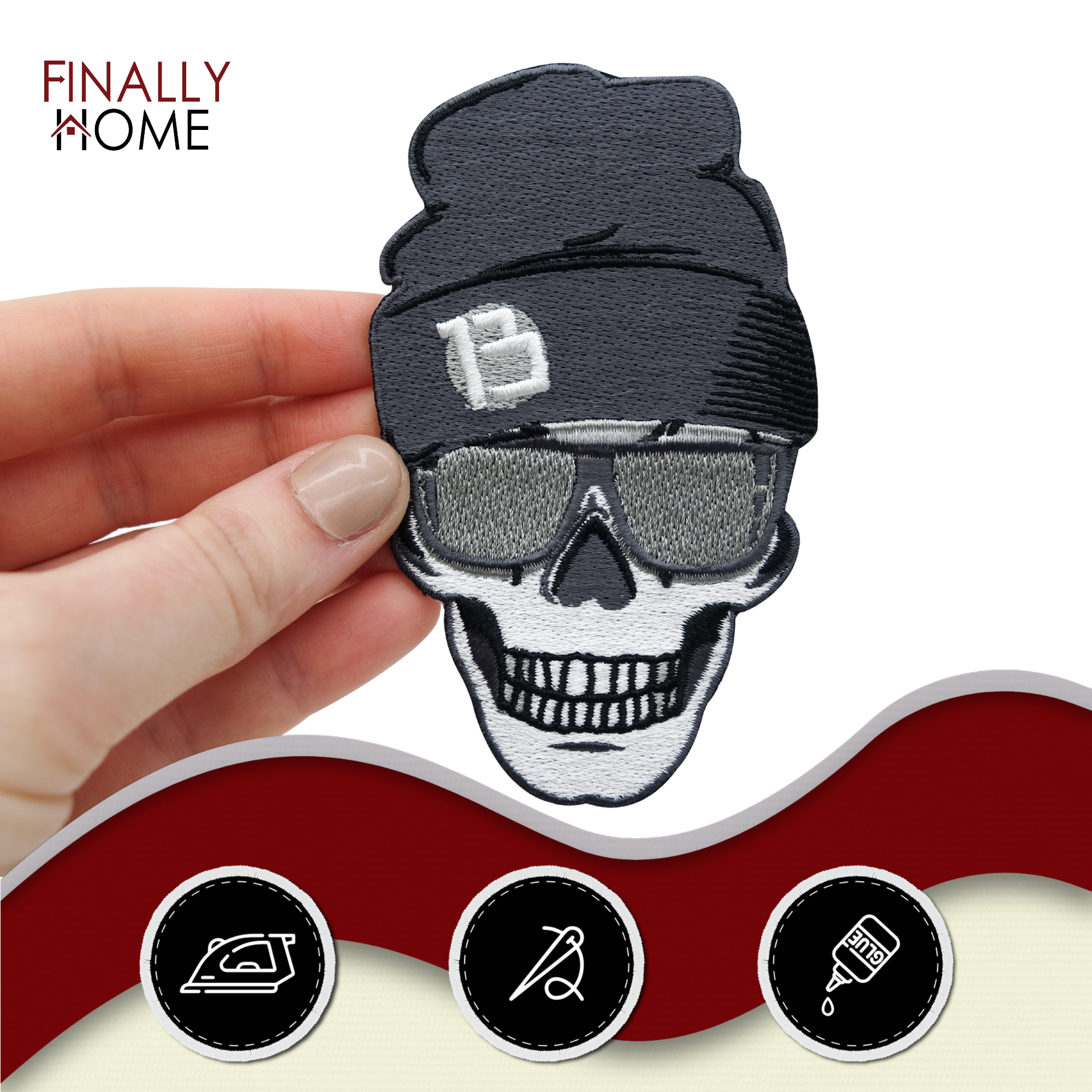 Totenkopf mit Mütze und Sonnenbrille Patch zum Aufbügeln | Totenschädel Patches, Biker Schädel Bügelflicken, Motorrad Kutte Flicken, Aufnäher Finally Home