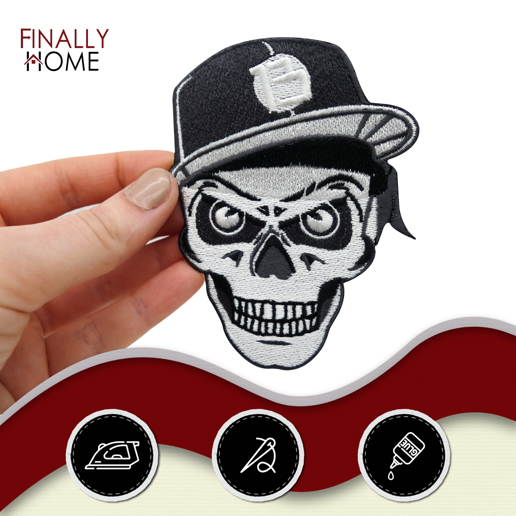 Totenkopf mit Cap Patch zum Aufbügeln | Aufnäher geeignet für Lederwesten, Totenschädel Patches, Biker Schädel Bügelflicken, Motorrad Kutte Flicken Finally Home