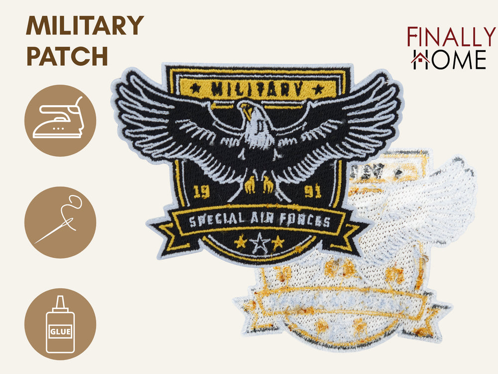 Vorder- und Rückansicht des Air Forces Adler Abzeichens mit Bügelfolie. Logo "Finally Home". Verwendungsoptionen: Aufbügeln, Aufnähen, Aufkleben mit Textilkleber.