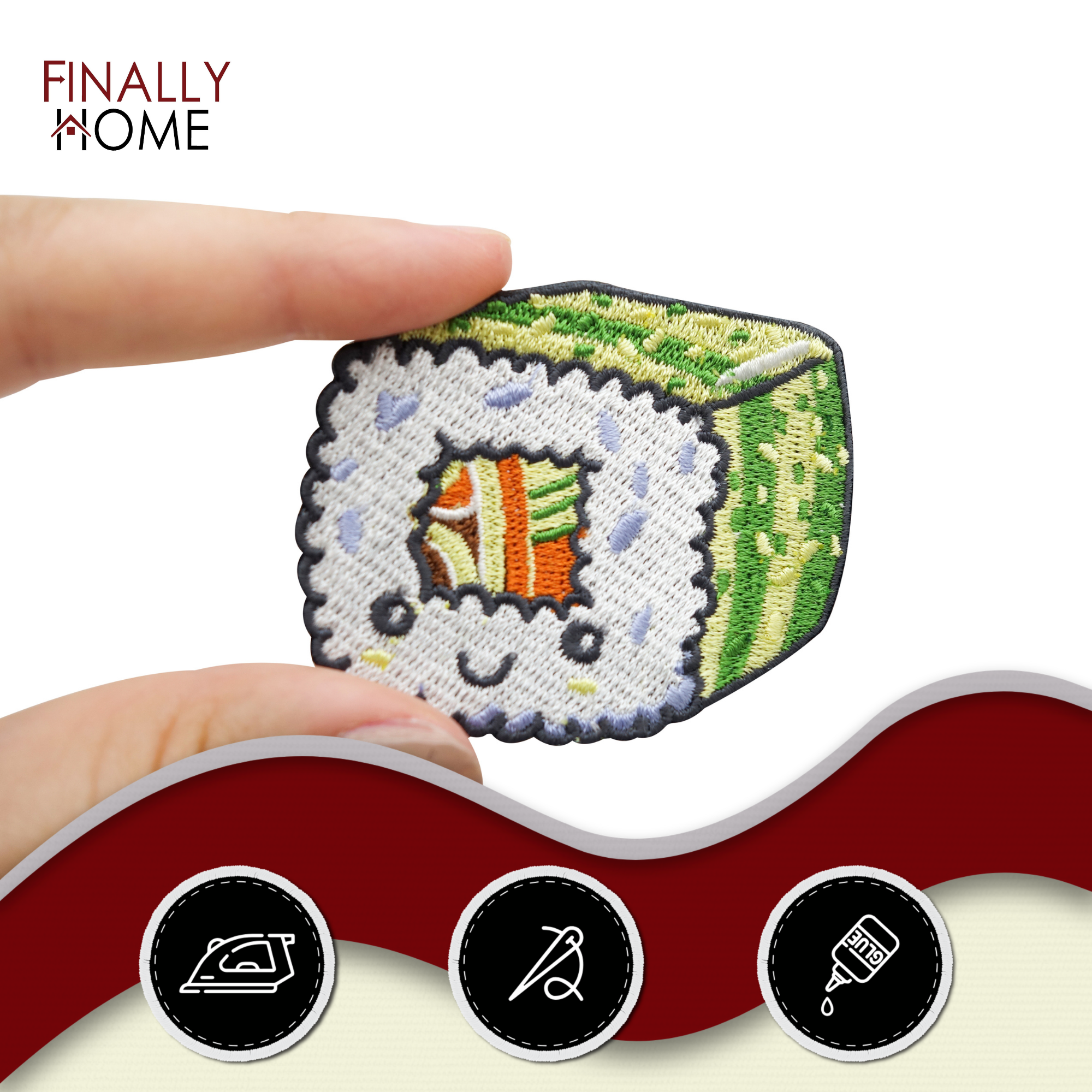 Patch zum Aufbügeln - Grüner Kawaii Sushi | Asiatisches Essen Patches, Fisch Bügelflicken, Food Flicken, Aufnäher Finally Home
