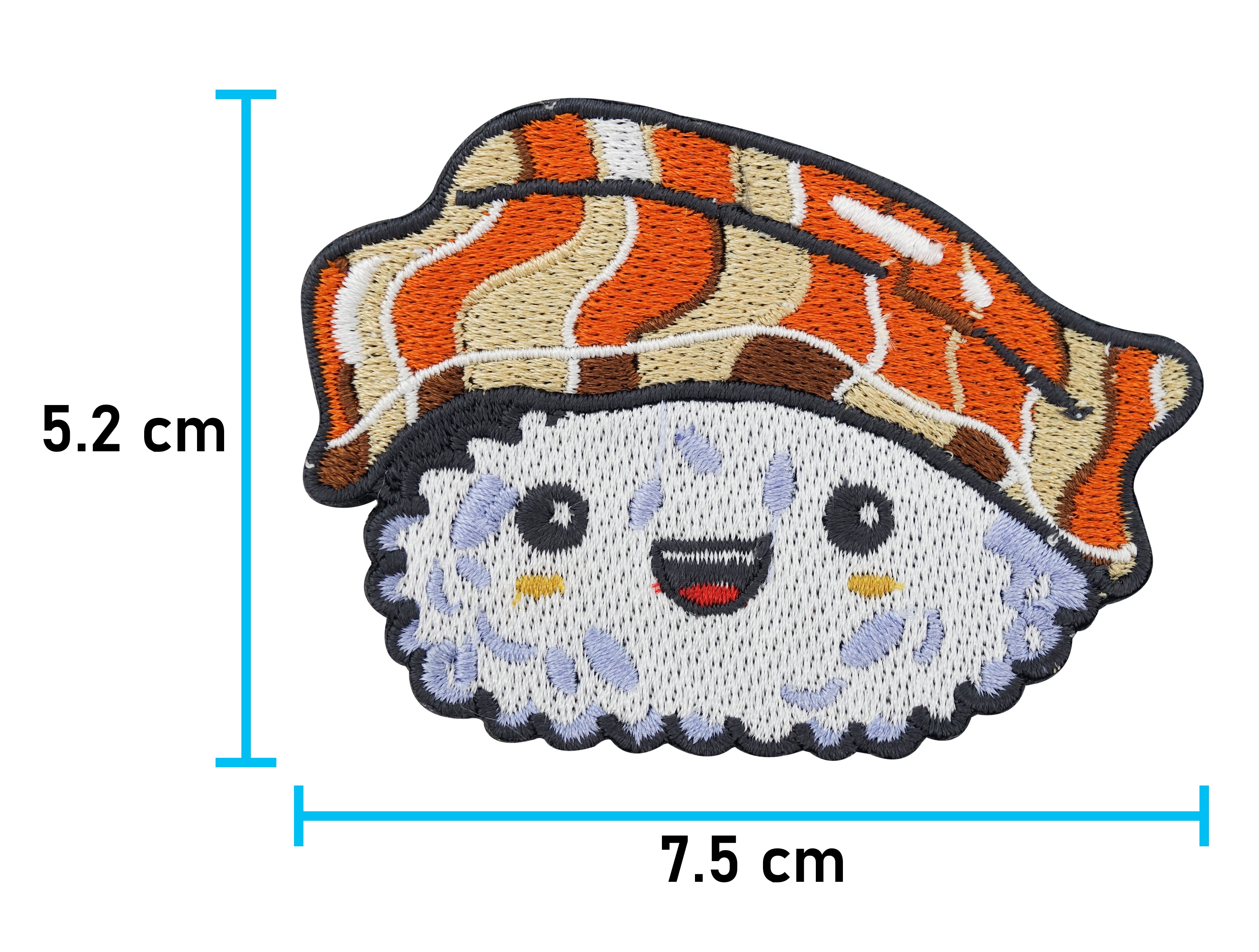 Weiß und oranges Kawaii Sushi Nigiri Patch. Maße: 5,2 x 7,5 cm