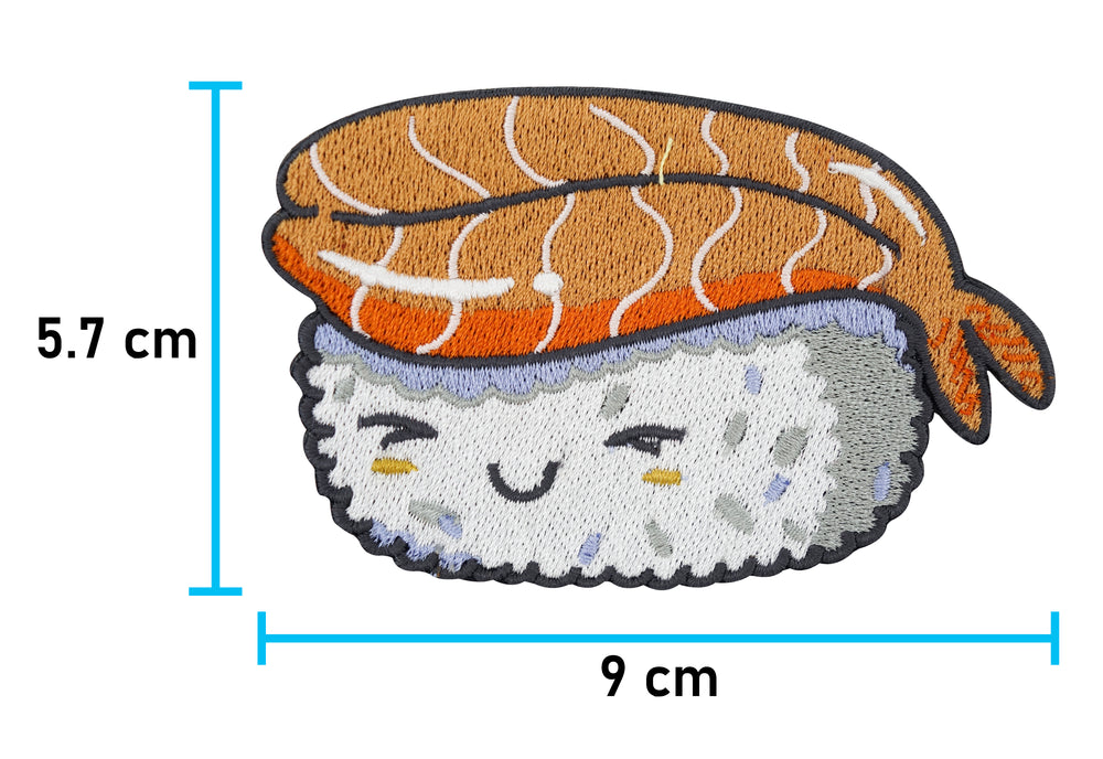 Süßer Kawaii Lachs Sushi Patch mit Maße: 5,7 x 9 cm.