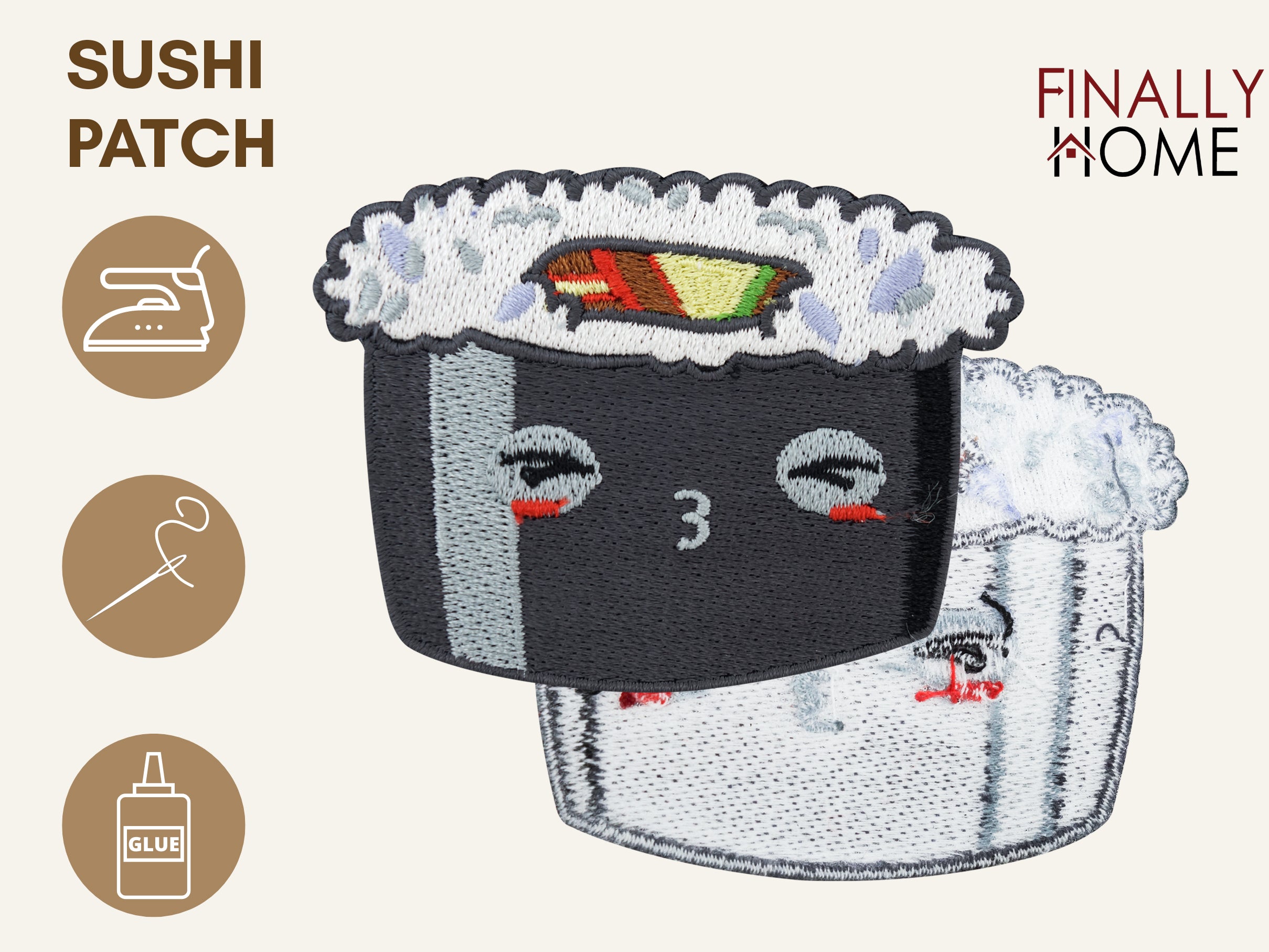 Kawaii Sushi Roll Patch - Vorne-hinten Ansicht des Patches, Bügelfolie, „Finally Home“ Logo, Verwendungsoptionen: Bügeln, Aufnähen, Aufkleben.