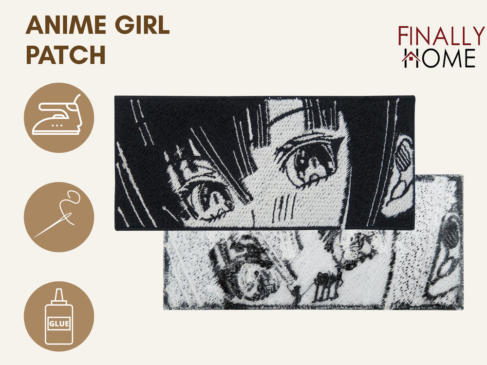 Anime Mädchen Patch von vorne & hinten, Bügelfolie sichtbar, Nutzungsmöglichkeiten mit Icons: Bügeleisen, Nadel & Faden, Textilkleber
