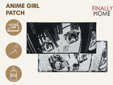 Anime Mädchen Patch von vorne & hinten, Bügelfolie sichtbar, Nutzungsmöglichkeiten mit Icons: Bügeleisen, Nadel & Faden, Textilkleber
