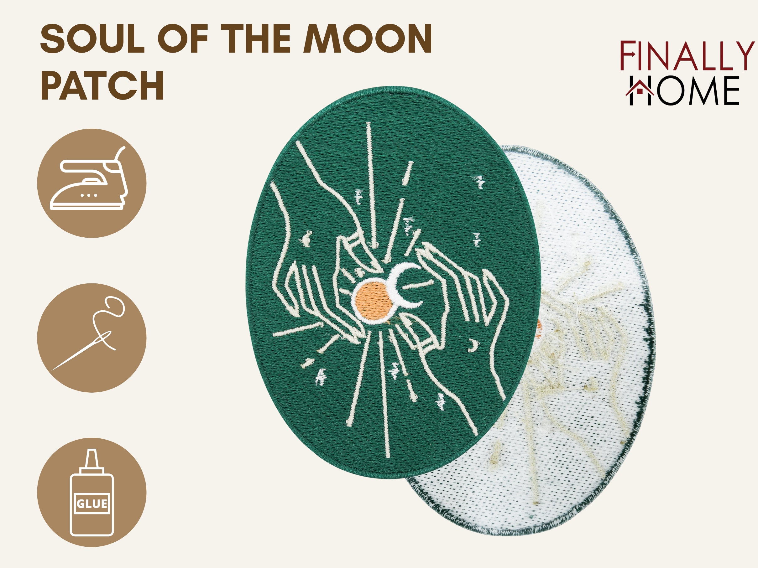 Front- und Rückansicht des Mondfinsternis Patches, Firmenlogo „Finally Home“, Icons für Aufbügeln, Aufnähen und Aufkleben mit Textilkleber
