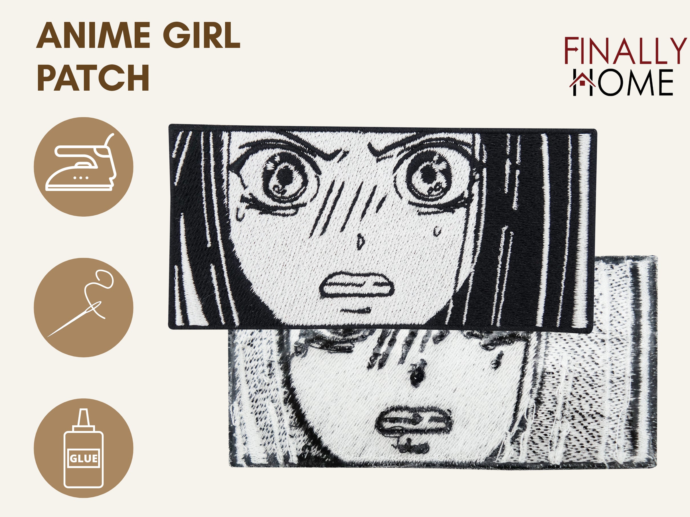 Anime Mädchen Patch von vorne & hinten, Bügelfolie sichtbar, Nutzungsmöglichkeiten mit Icons: Bügeleisen, Nadel & Faden, Textilkleber und „Finally Home“ Logo