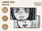 Anime Mädchen Patch von vorne & hinten, Bügelfolie sichtbar, Nutzungsmöglichkeiten mit Icons: Bügeleisen, Nadel & Faden, Textilkleber und „Finally Home“ Logo