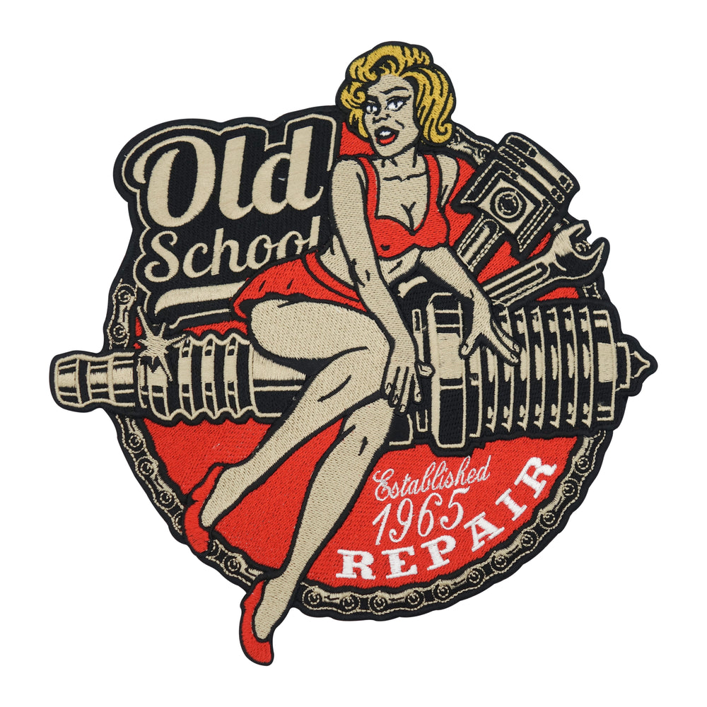 Roter Old School Biker Rückenpatch mit einer Lady in der Mitte