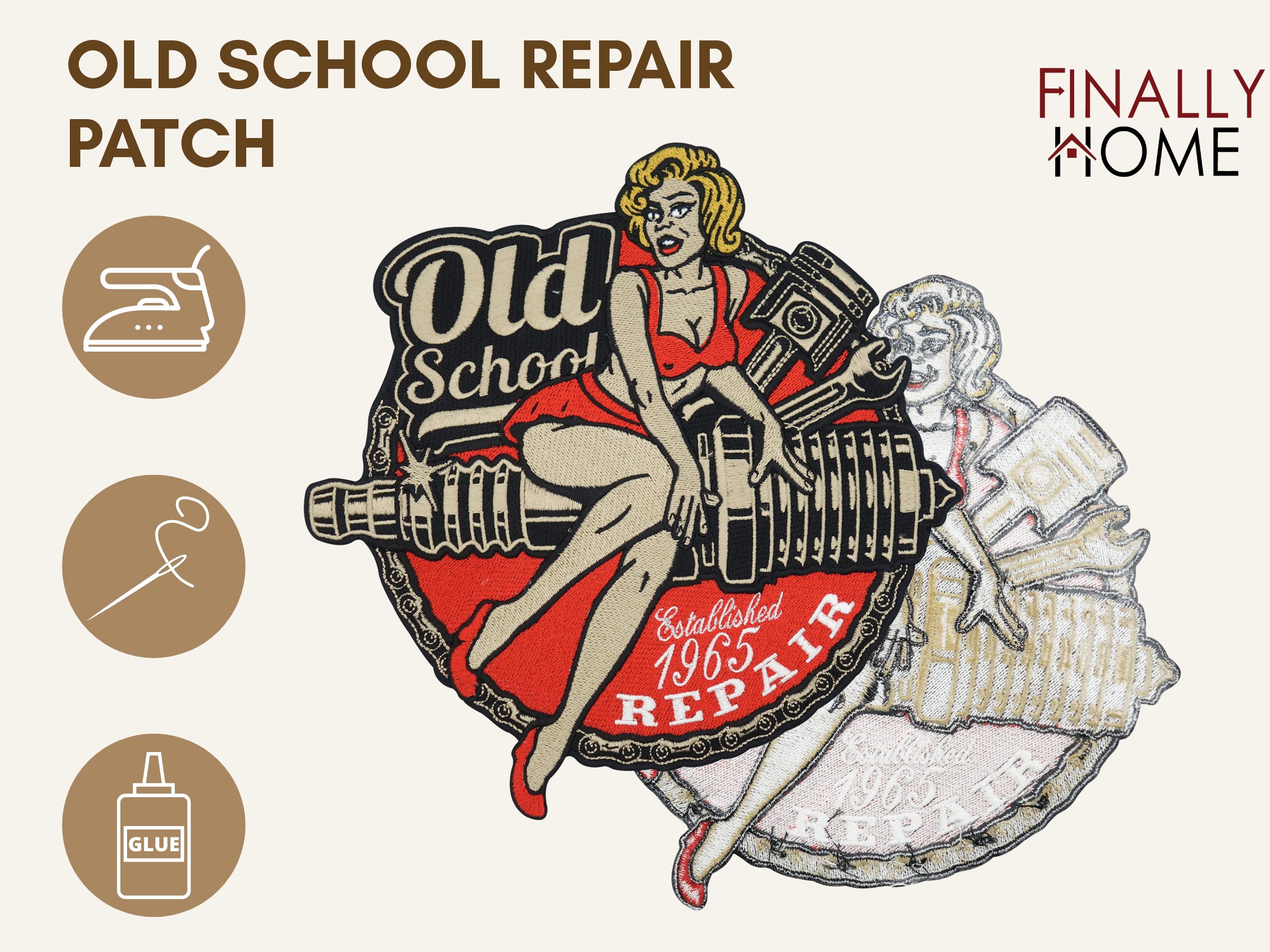 Bügelfolie auf Rückseite des Patches; Finally Home Logo und Verwendungsoptionen (Bügeleisen, Nadel & Faden, Textilkleber)