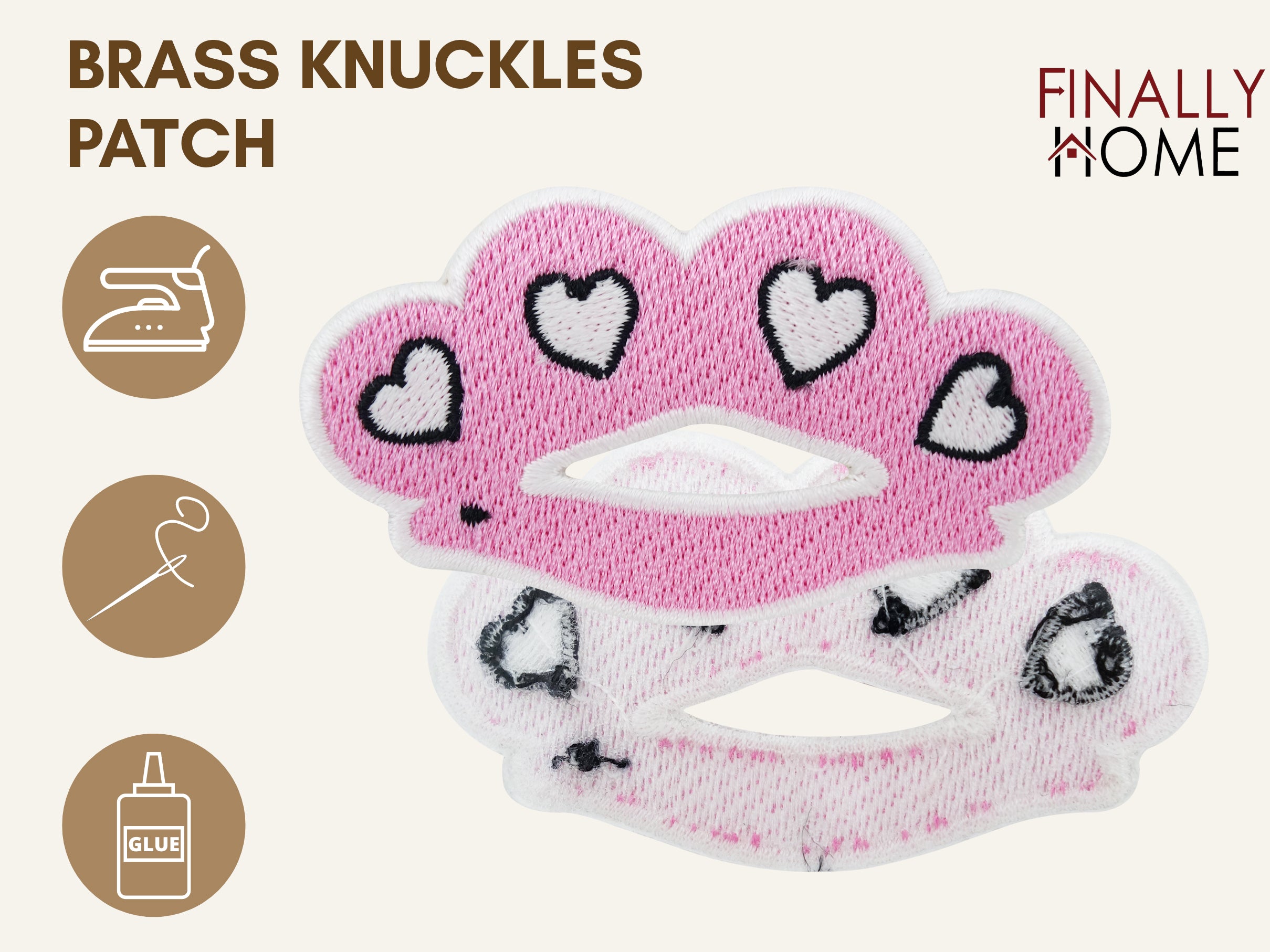 Vorder- und Rückansicht des rosa Schlagring-Patches mit Bügelfolie und "Finally Home" Logo