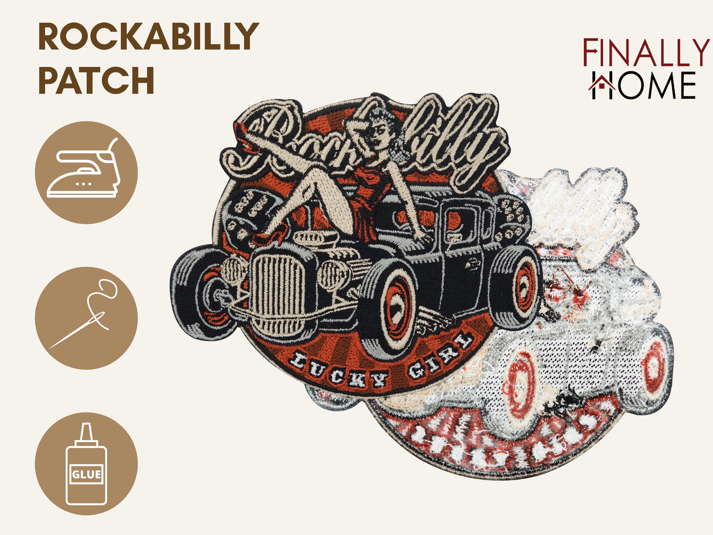 Brauner Rockabilly Patch, Logo von „Finally Home“, Verwendungsmöglichkeiten: Aufbügeln, Aufnähen, Aufkleben