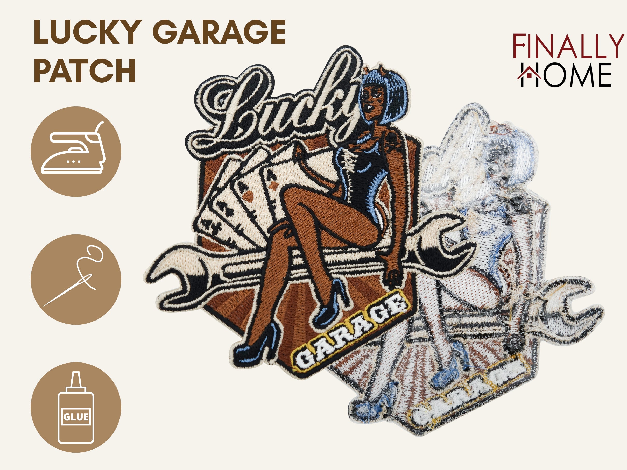 Front- und Rückansicht des Patches, Logo "Finally Home" & Anwendungsmöglichkeiten mit Icons.